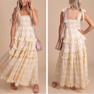 Storia Sunny Days Tiered Layered‎ Plaid Ruffle Smocked Maxi Dress NWT Sz M